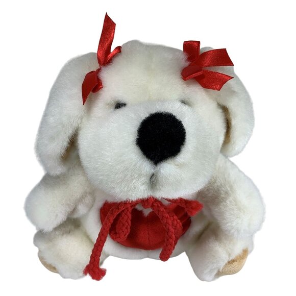 Vintage Commonwealth 1993 White Plush Dog Stuffed Animal Red Valentine Heart Bow - Picture 1 of 9